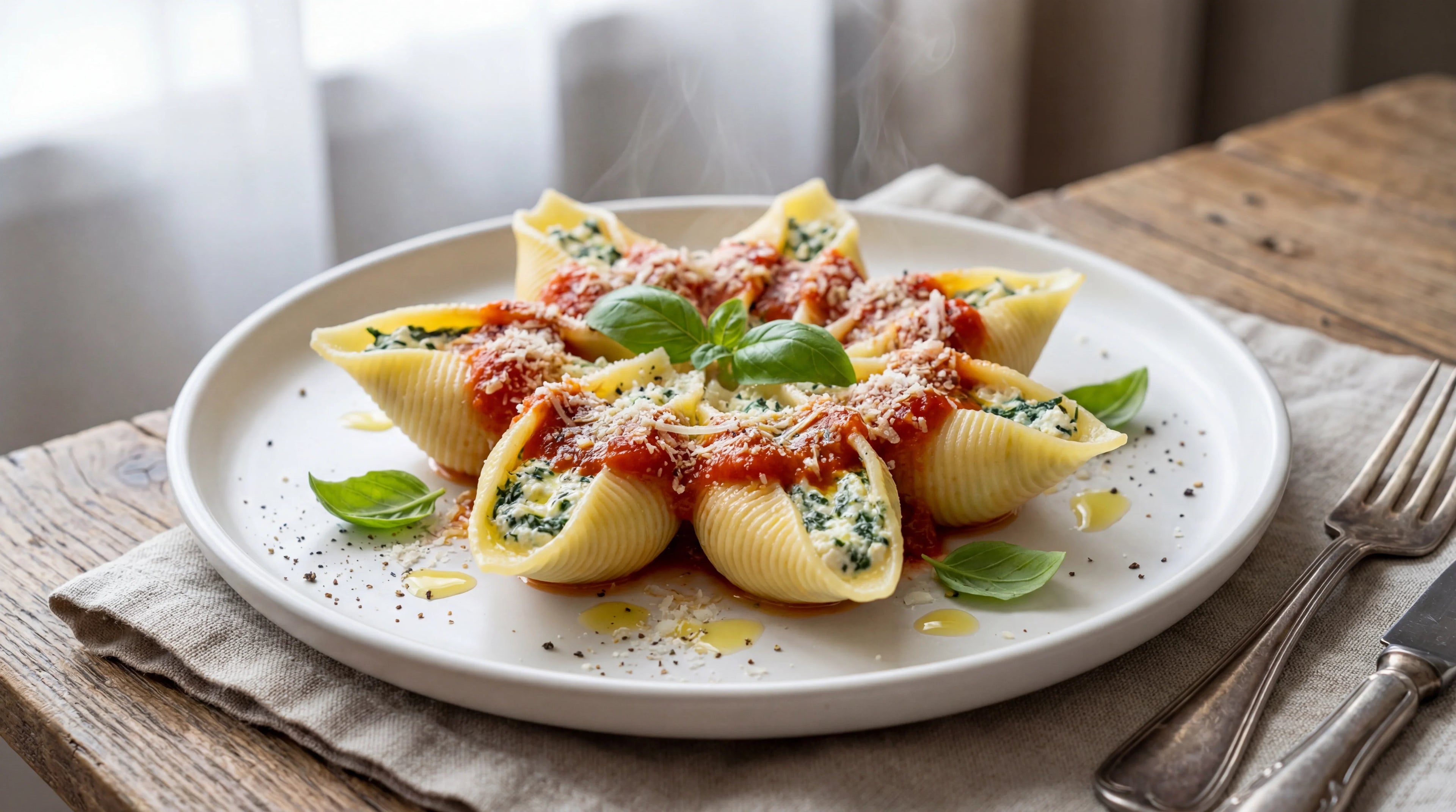 Prato de conchiglione Da Roz recheado com ricota e espinafre servido com molho de tomate, fotografia gourmet.